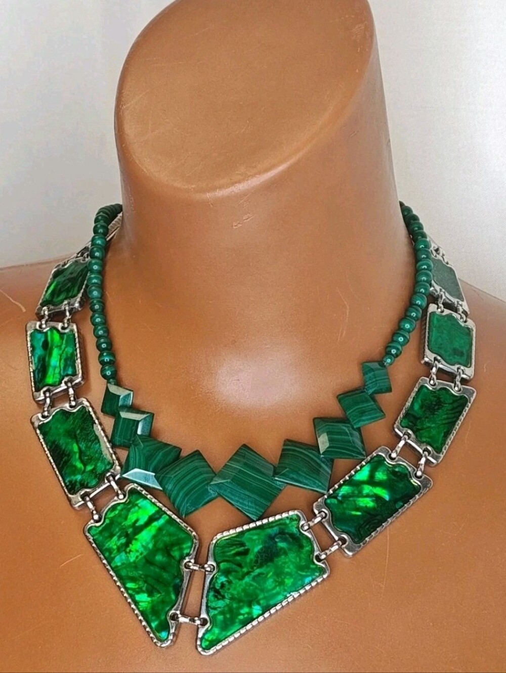 2 Vintge Y2K Statement Necklace Green Paneled Collar Beaded Malachite Choker 16"